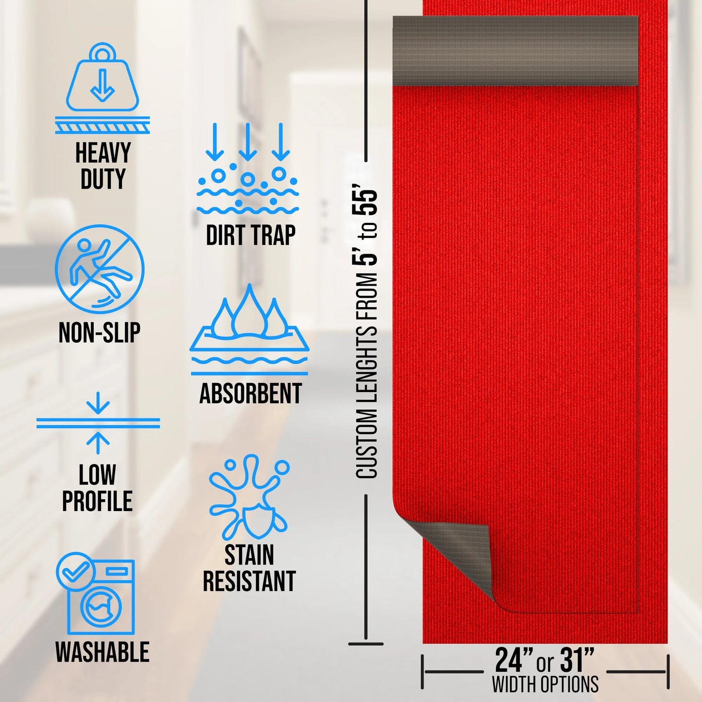 Extra-Long Custom-Length Non-Slip Runner Rug with Dirt-Trapping Grooves. Heavy-Duty, Absorbent, and Stain-Resistant. Perfect for Entryways, Hallways, Patios, and Offices. 24 in X 5 ft, Red