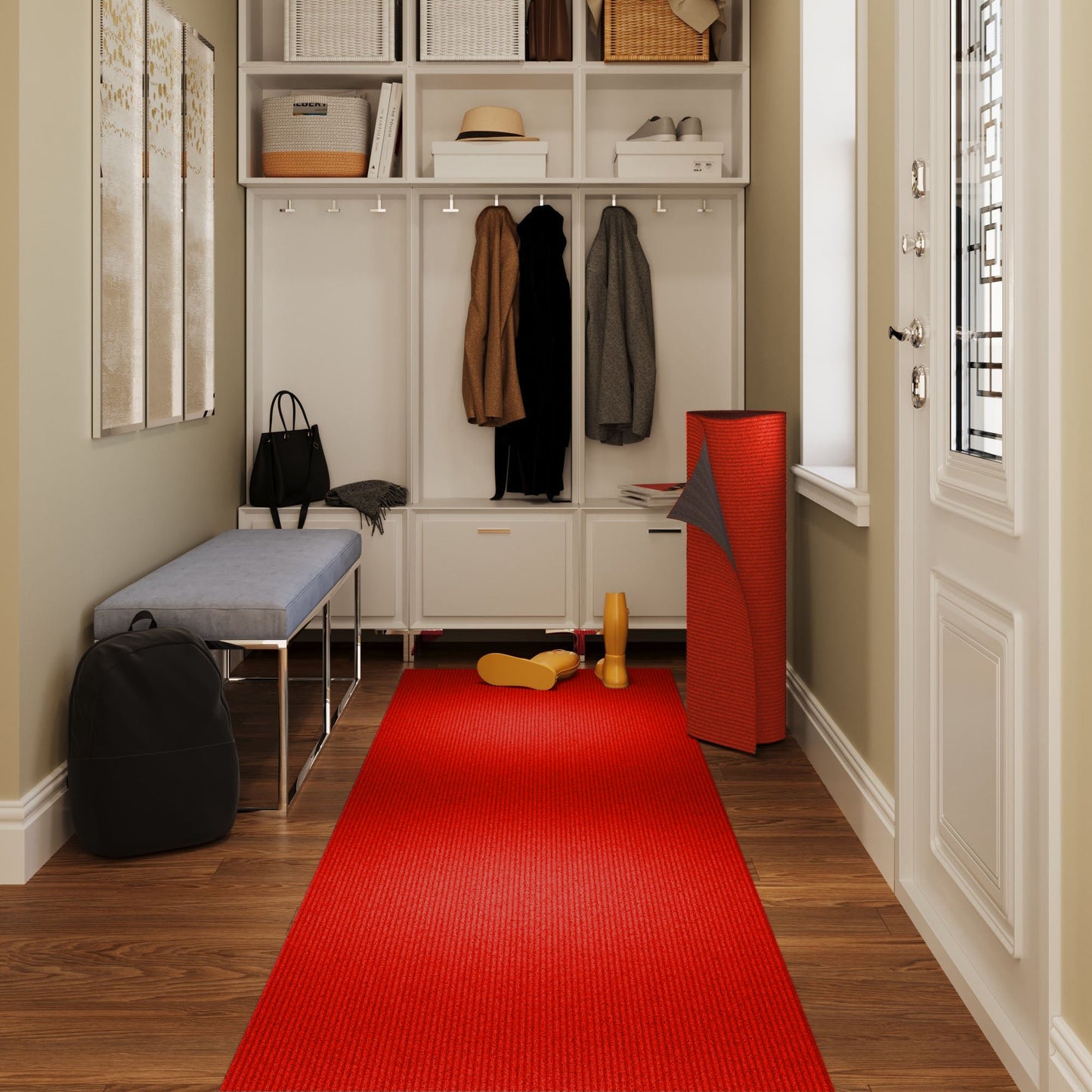 Extra-Long Custom-Length Non-Slip Runner Rug with Dirt-Trapping Grooves. Heavy-Duty, Absorbent, and Stain-Resistant. Perfect for Entryways, Hallways, Patios, and Offices. 24 in X 5 ft, Red